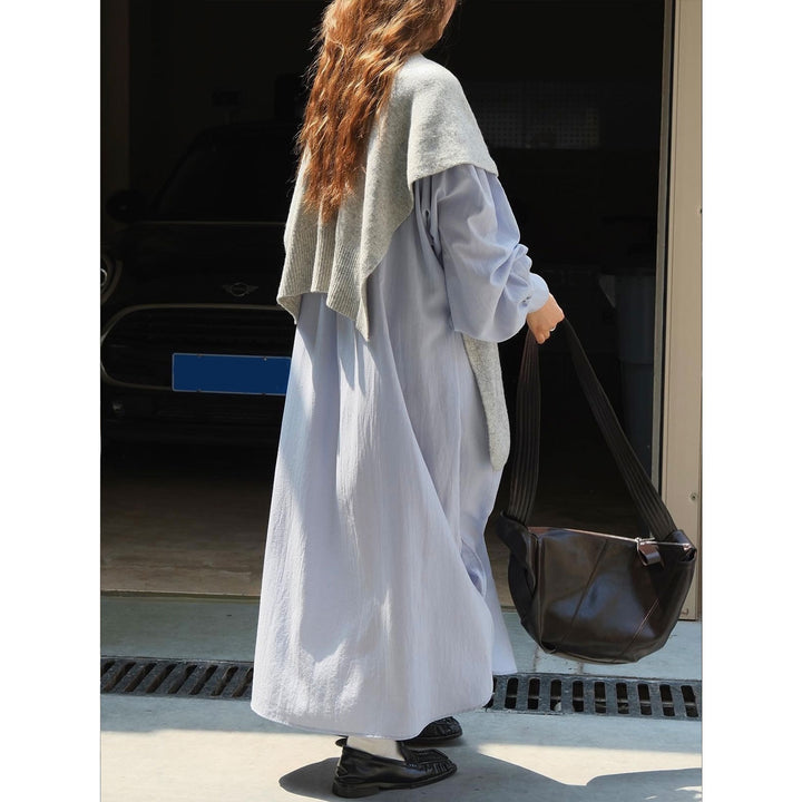 Ladies Soft Oversized Maxi Dress with Tied Collar and Balloon Sleeves Mune Fashion