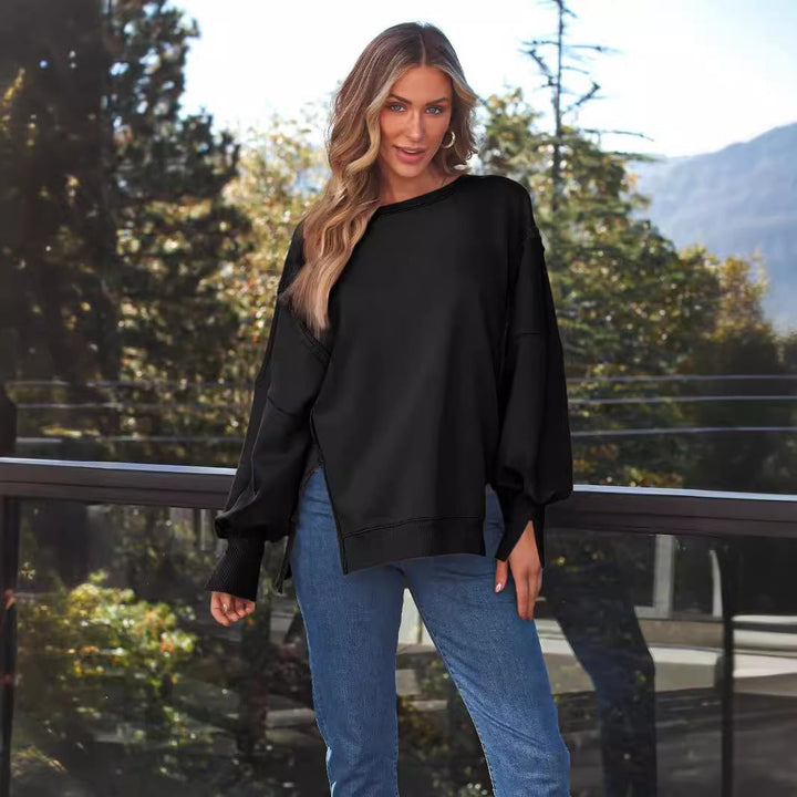 Ladies Soft Longline Sweatshirt with Balloon Sleeves, Side Slits and Ribbed Hem Mune Fashion