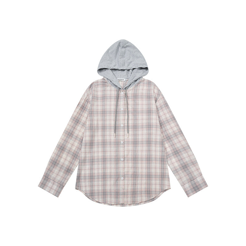 Women Checked Shirt Blouse with Jersey Hood and Button-Down Front