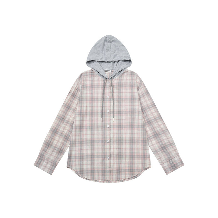 Women Checked Shirt Blouse with Jersey Hood and Button-Down Front