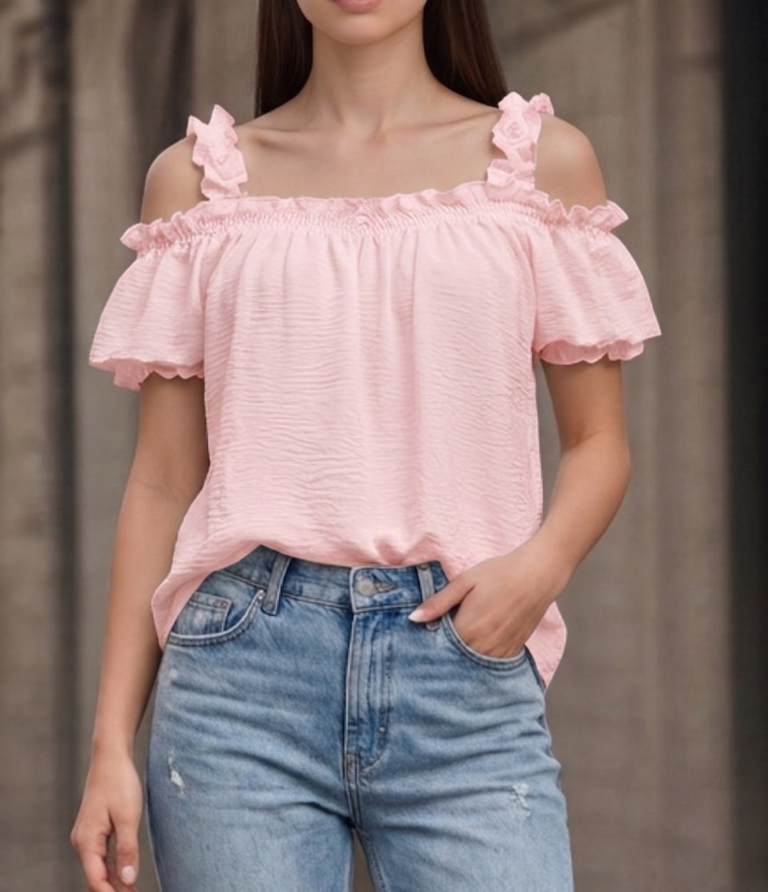 Women's Off-Shoulder Crinkle Top with Smocked Bandeau, Ruffled Straps and Wing Sleeves Mune Fashion