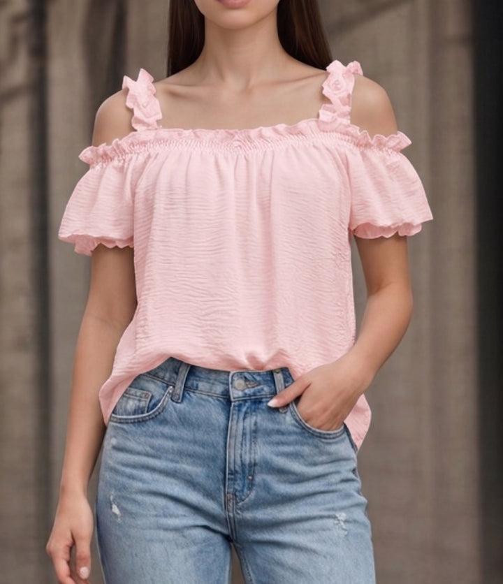 Women's Off-Shoulder Crinkle Top with Smocked Bandeau, Ruffled Straps and Wing Sleeves Mune Fashion