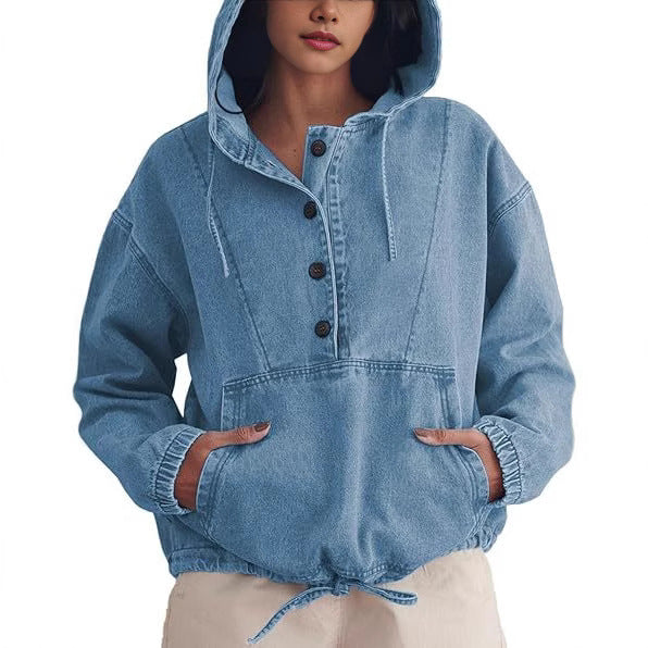 Women's denim hoodie with half button placket, kangaroo pocket, and drawstring hem Mune Fashion