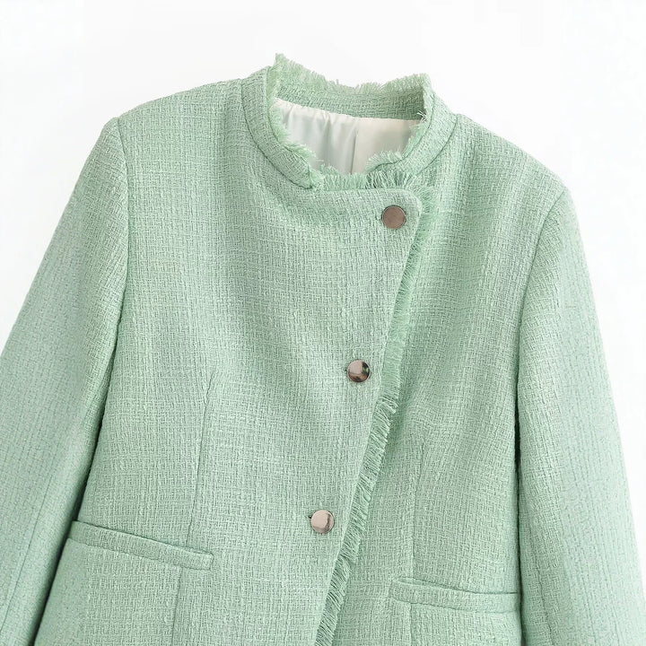 Women short cut bouclé tweed jacket with fringe trim and round neckline Drune