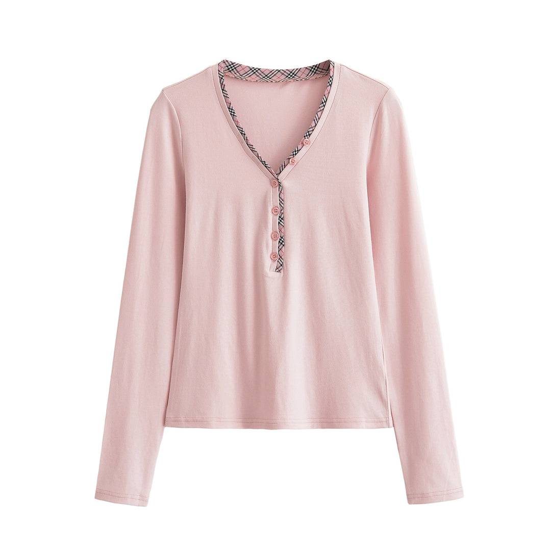 Women's long sleeve shirt with V-neck, button placket and check trim Mune Fashion