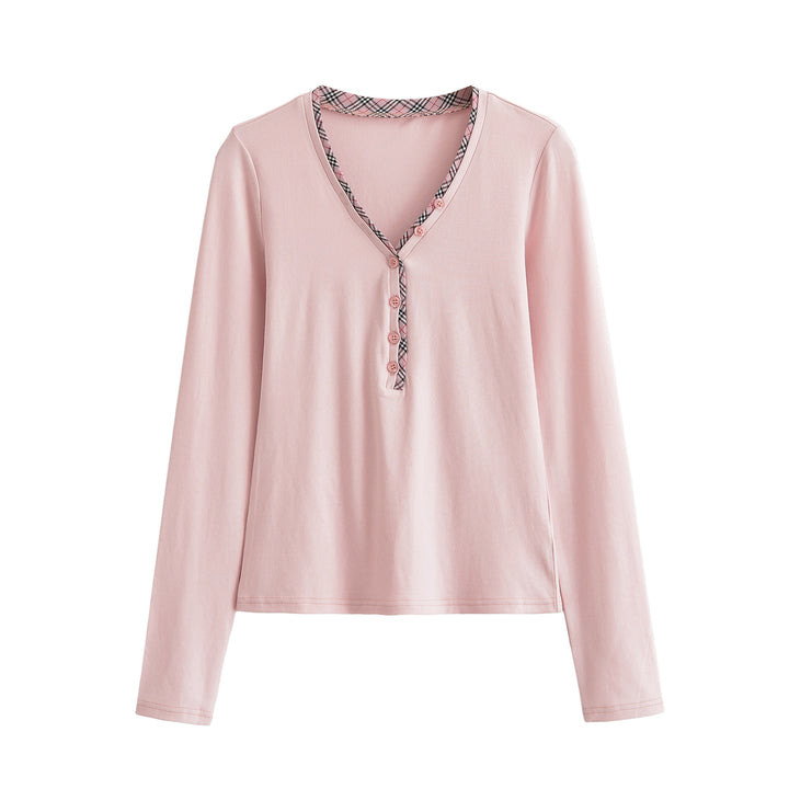 Women's long sleeve shirt with V-neck, button placket and check trim Mune Fashion