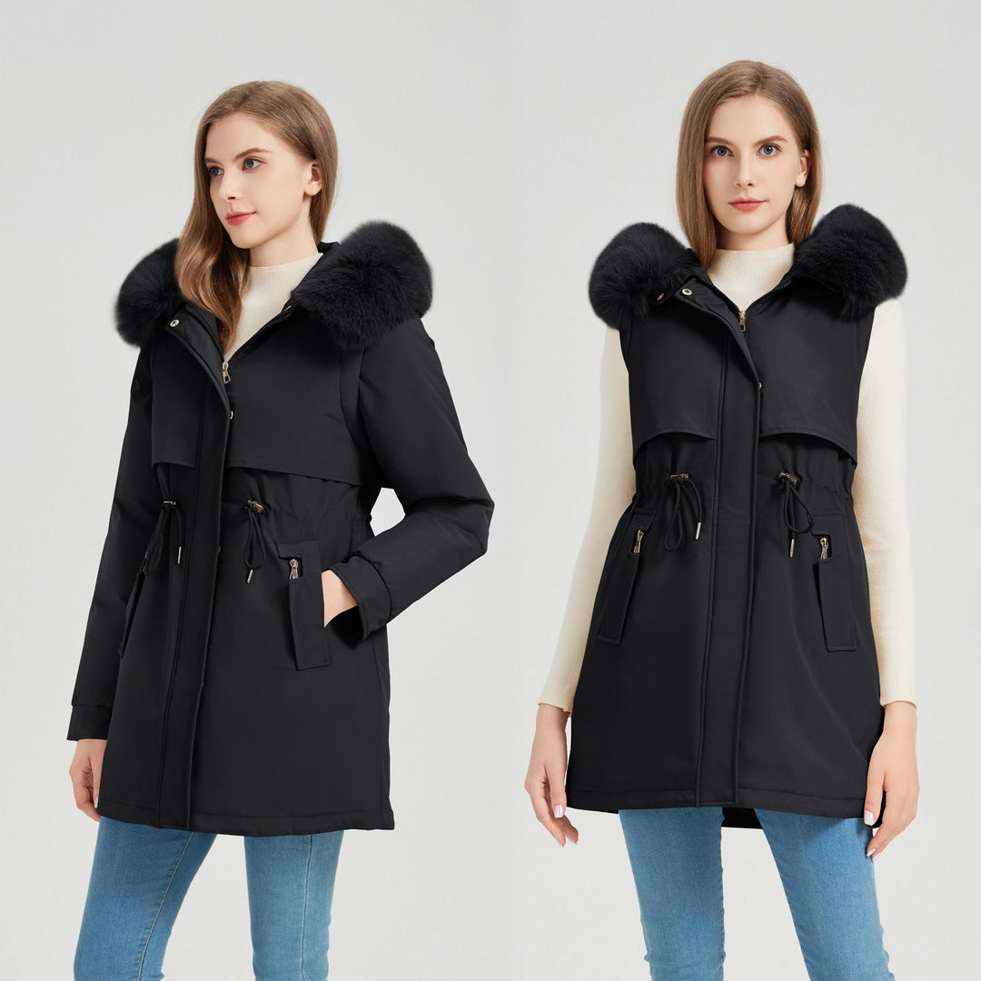 Women's Functional Parka with Removable Faux Fur Collar and Waist Drawstring Mune
