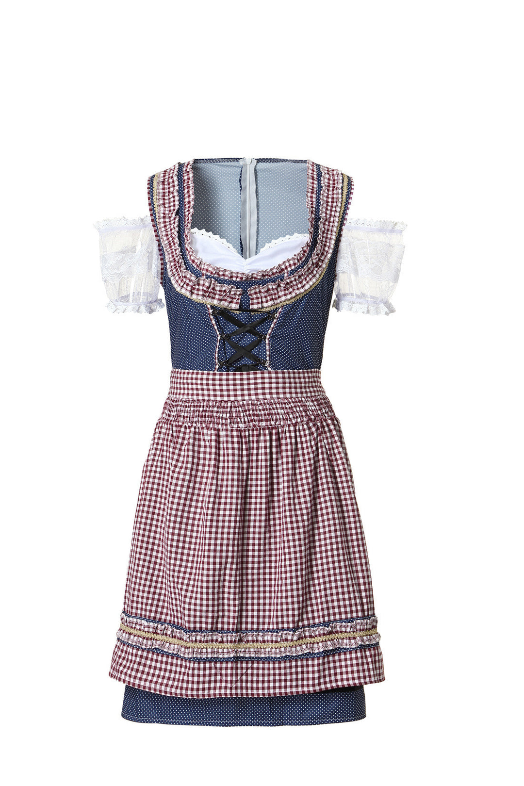 Ladies traditional dirndl dress with laced bodice, lace sleeves and checkered apron Mune Fashion