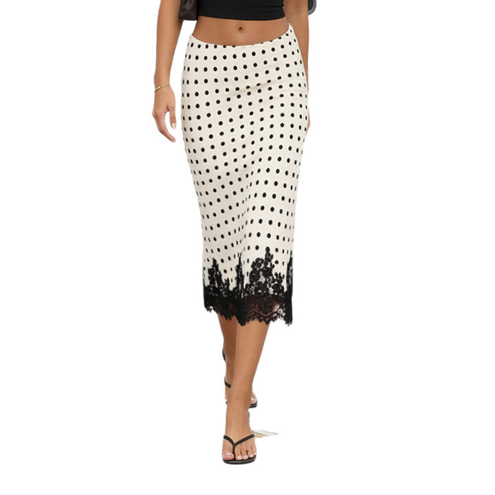 Women's Tailored A-Line Midi Skirt with Polka Dot Print and Lace Trim Mune Fashion
