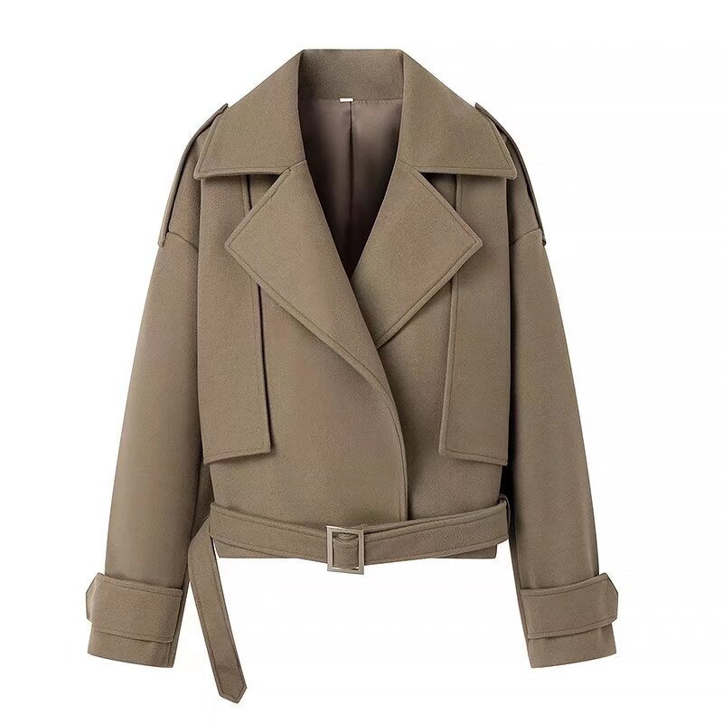 Women's Short Wool Blend Trench Coat with Belt, Epaulettes and Wide Lapels Mune Fashion