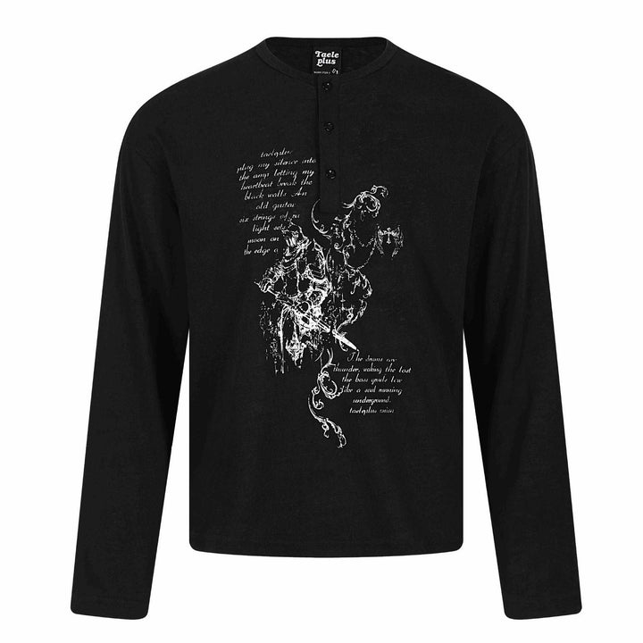 Unisex Long Sleeve Henley Shirt with Button-Up Chest Placket and Vintage Illustration Print Mune Fashion