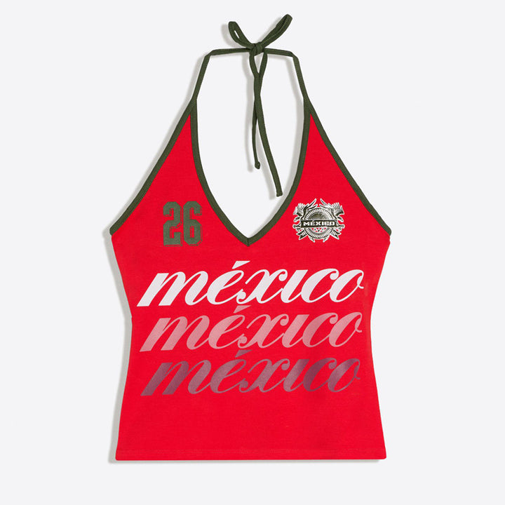 Ladies nan halter top with deep V-neck and sporty retro print Mune Fashion