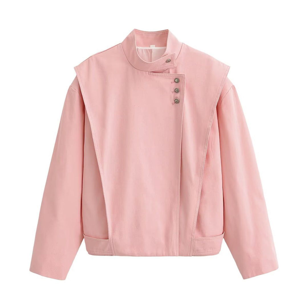 Women's asymmetric oversized jacket with high stand-up collar and decorative button placket Mune Fashion