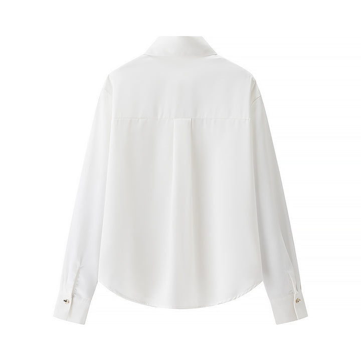 Women's luxury silk-like blouse with decorative button placket and classic collar Mune Fashion