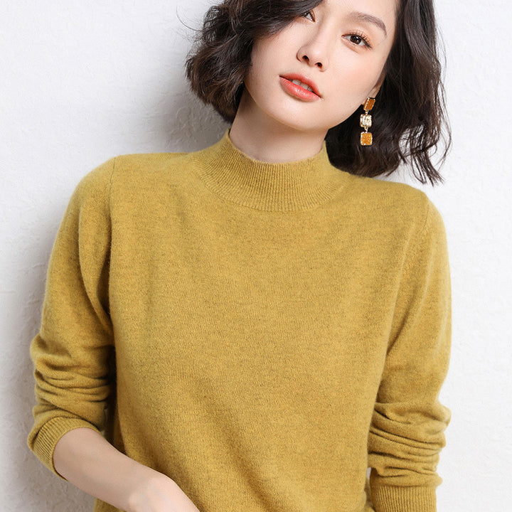 Women Luxurious Cashmere Fine Knit Sweater with Standing Collar Mune Fashion