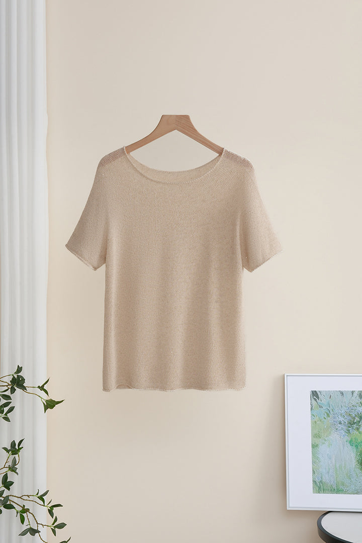 Ladies Soft Fine Knit T-Shirt with Half Sleeves, Wide Boat Neck and Fine Structure Mune Fashion