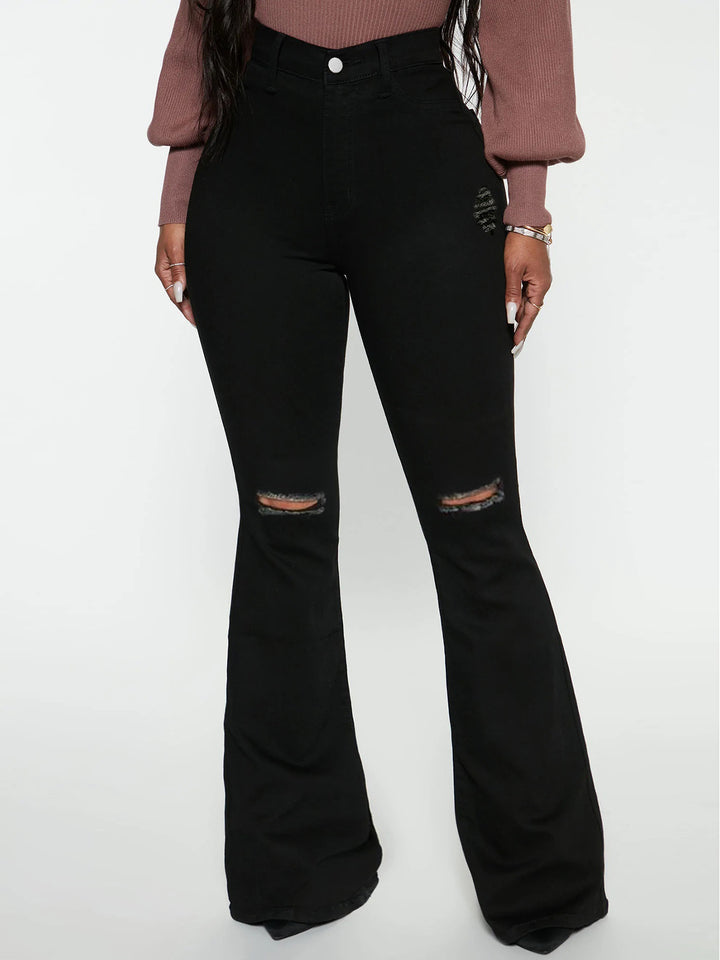 Ladies High-Waist Flared Jeans with Knee Rips and Sculpting Stretch Waistband Mune Fashion