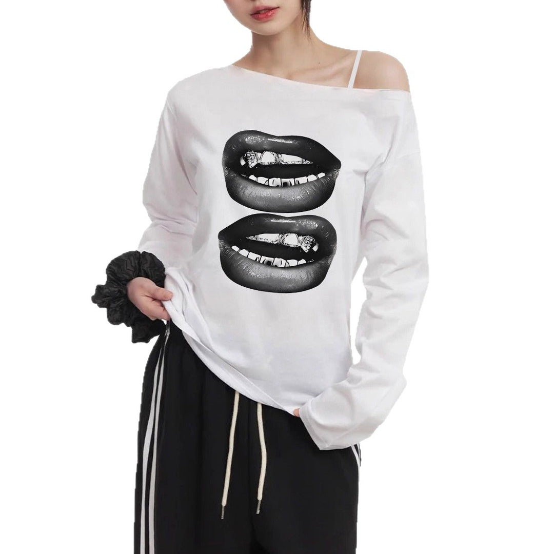 Women's asymmetrical off-shoulder long sleeve shirt with double lip print, relaxed oversized fit and soft cotton mix Mune Fashion