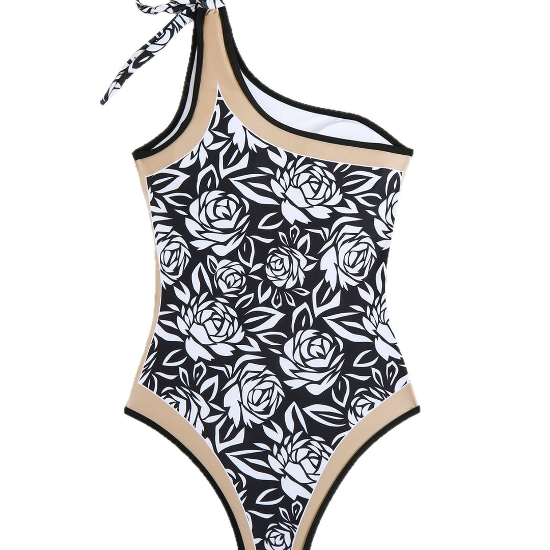 Women's One-Sided Swimsuit with Floral Pattern and Decorative Bow Detail Mune Fashion