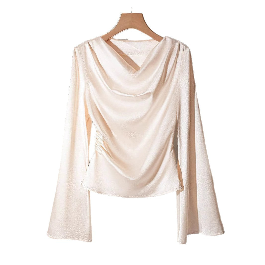 Women Draped Satin Top with Waterfall Collar & Ruffle Sleeves Mune Fashion