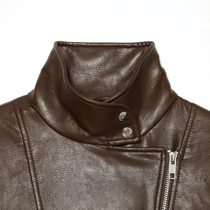 Women Short Faux Leather Biker Jacket with Stand-up Collar, Asymmetrical Zipper and Elastic Hem Drune