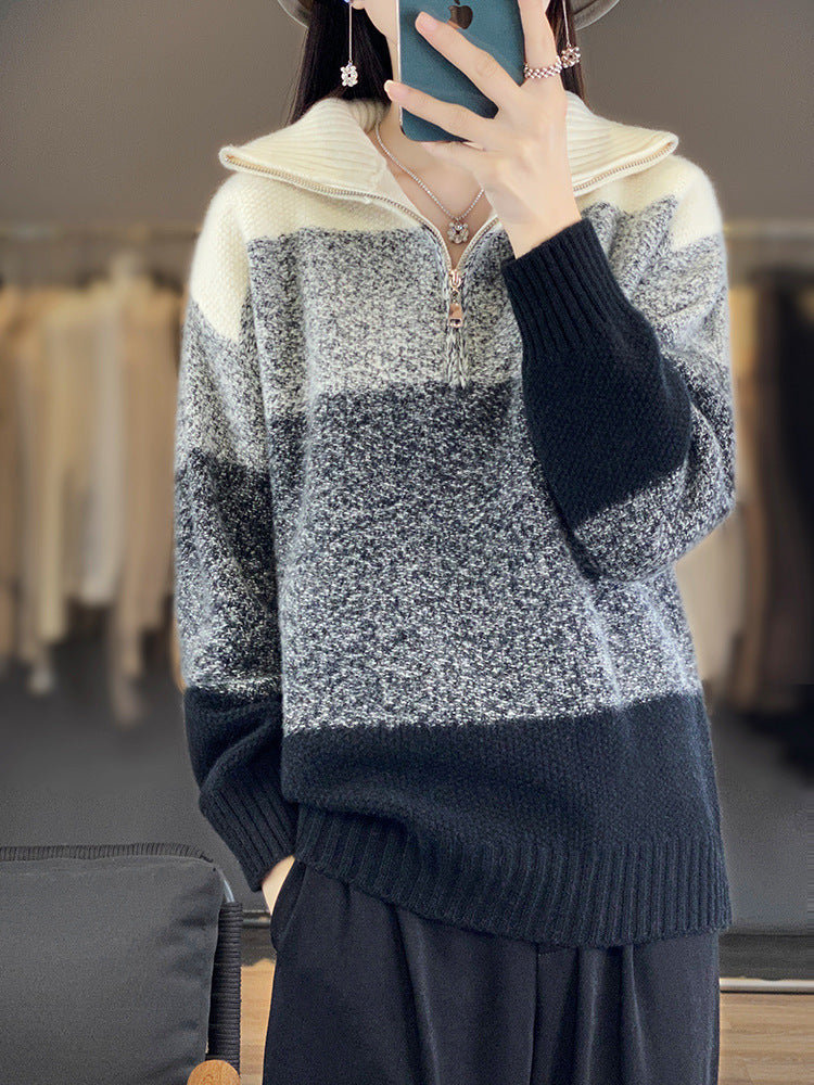 Women's Oversize Knit Sweater with Half Zip, Mélange Block Stripes and Soft Pile Mune Fashion