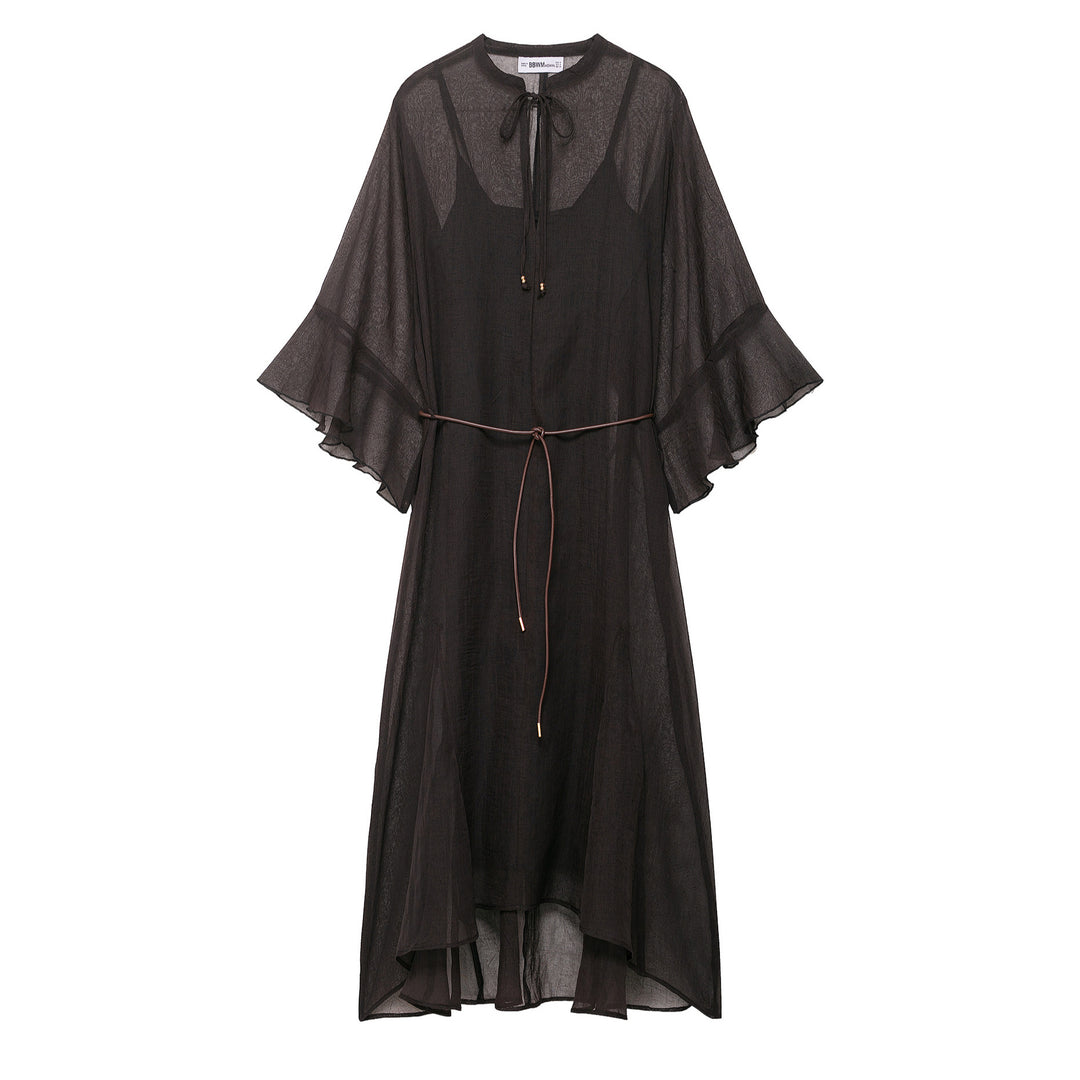 Women Transparent Chiffon Kaftan Dress with Ruffle Sleeves and Drawstring