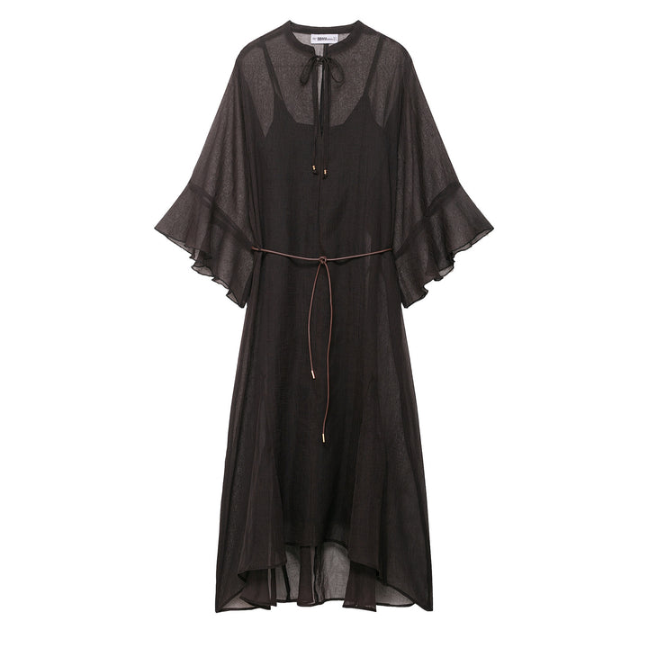 Women Transparent Chiffon Kaftan Dress with Ruffle Sleeves and Drawstring