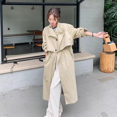 Women Oversize Trench Coat with Cape Back, Drawstring Waist and Wide Sleeves Mune Fashion
