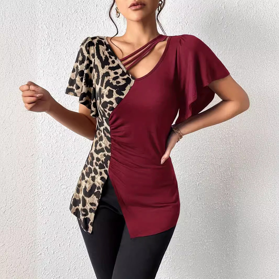 Women's asymmetrical stretch tunic with leopard print side insert and multiple straps Mune Fashion