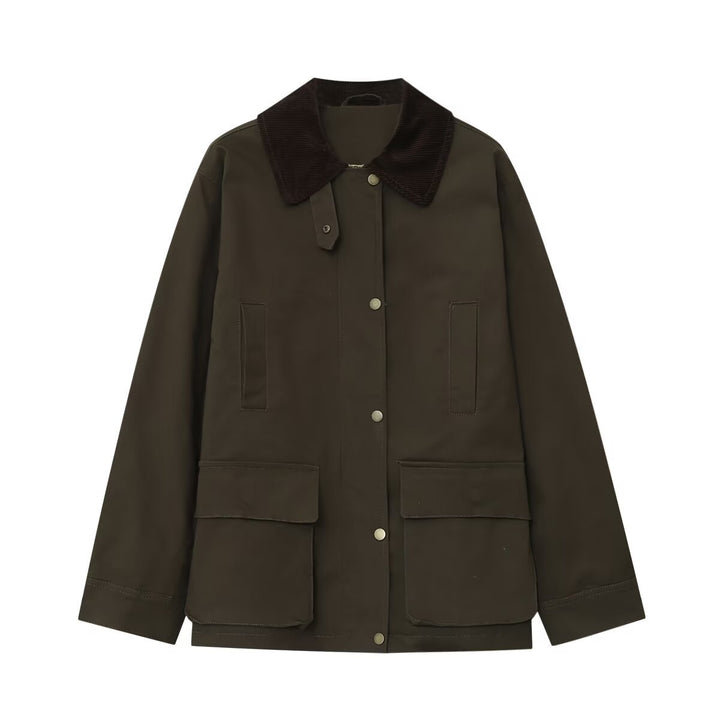 Women's field jacket in parka style with corduroy collar, snap button closure, and patch front pockets Mune Fashion