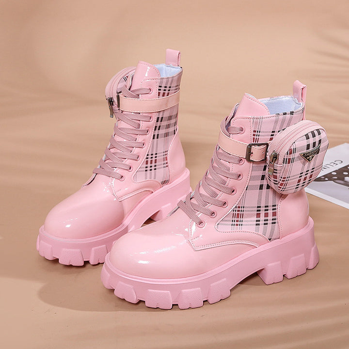 Women's fashionable plateau ankle boots with checkered textile insert, lacing, buckle strap and removable mini bag Mune Fashion