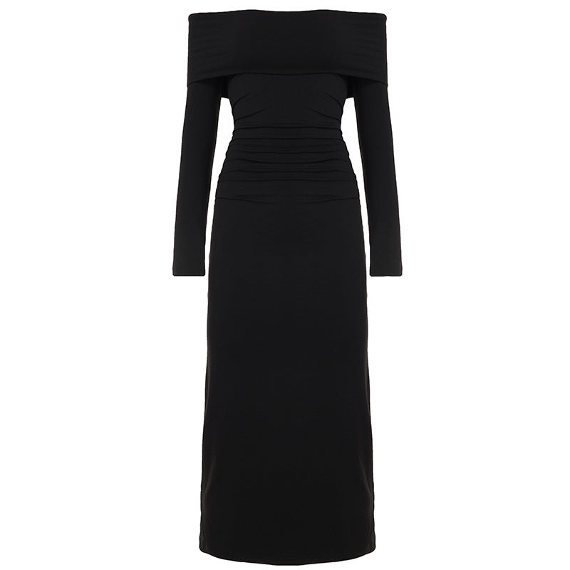 Women’s figure-hugging off-shoulder maxi dress with long sleeves and contrast piping Mune Fashion