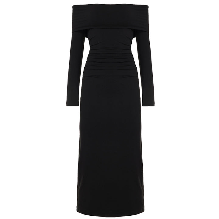 Women’s figure-hugging off-shoulder maxi dress with long sleeves and contrast piping Mune Fashion