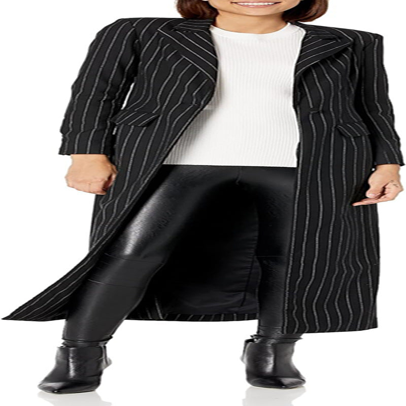 Women's Longline Blazer Coat with Pinstripes, Tailored Silhouette and Flap Pockets Mune Fashion