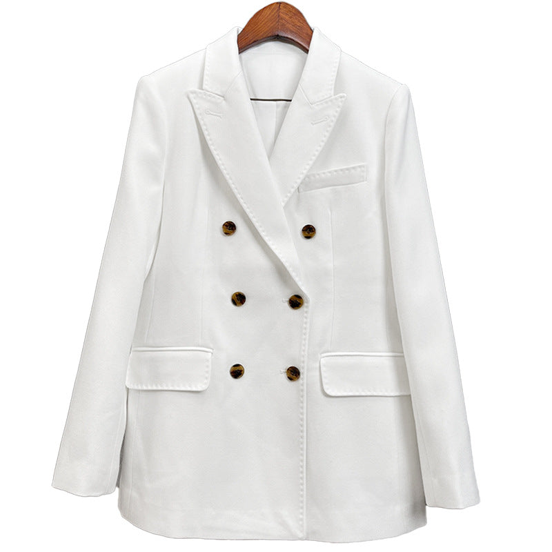 Women's Double-breasted tailored wool blazer with texture and reinforced shoulders Mune Fashion