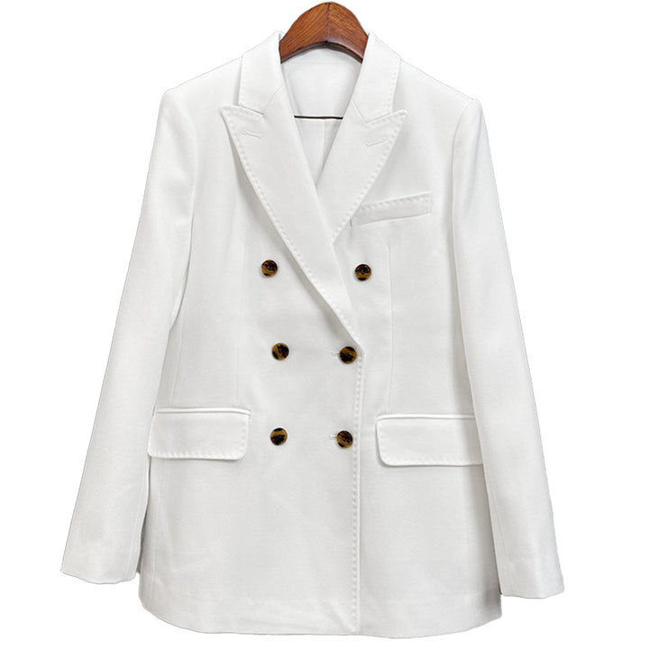 Women's Double-breasted tailored wool blazer with texture and reinforced shoulders Mune Fashion
