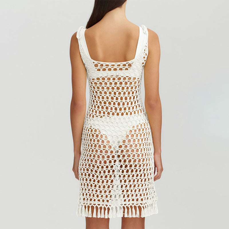 Women's transparent crochet beach cover-up with fringes Mune Fashion