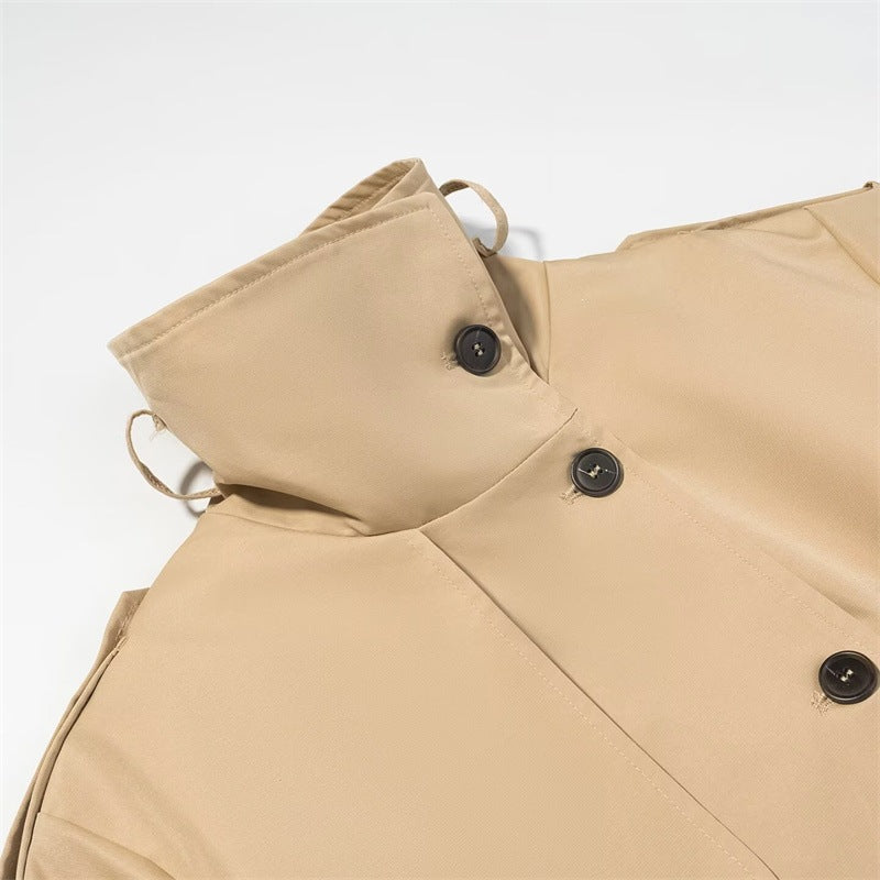 Women's Short Trench Coat with Stand Collar, Waist Belt and Contrast Cuffs Mune Fashion