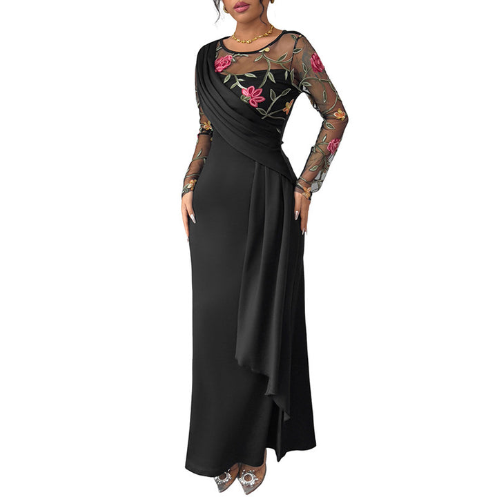 Women's evening dress with embroidered mesh sleeves, asymmetrical drape and waist sash Mune Fashion