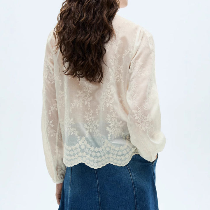Women Transparent Embroidery Blouse with Stand Collar, Volume Sleeves and Curved Hem