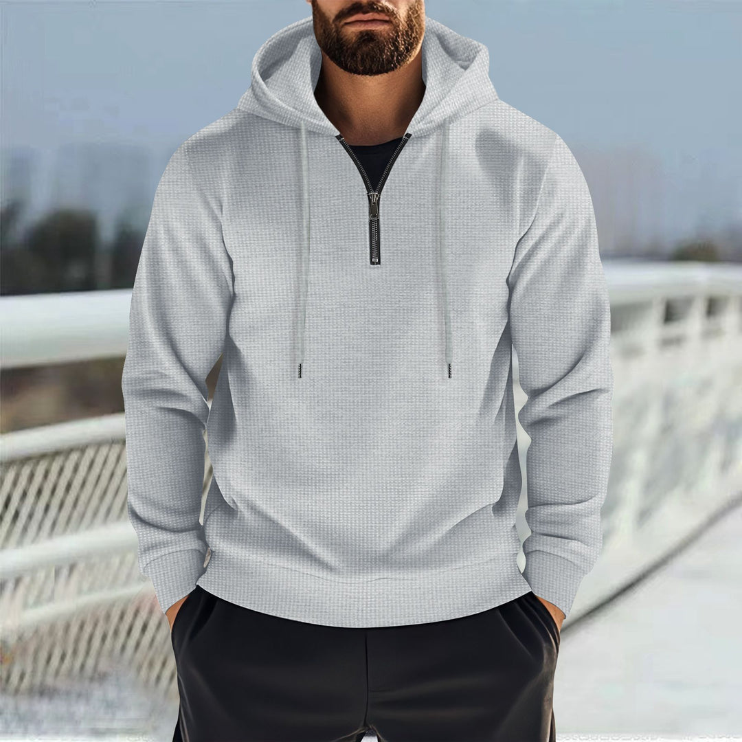 Men's Hooded Sweatshirt with Half Zipper and Fine Waffle Structure Mune Fashion