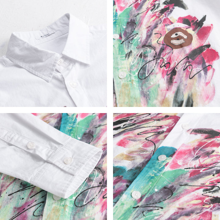 Women's long-sleeve shirt made of cotton poplin with artistic brush print and Kent collar Mune Fashion