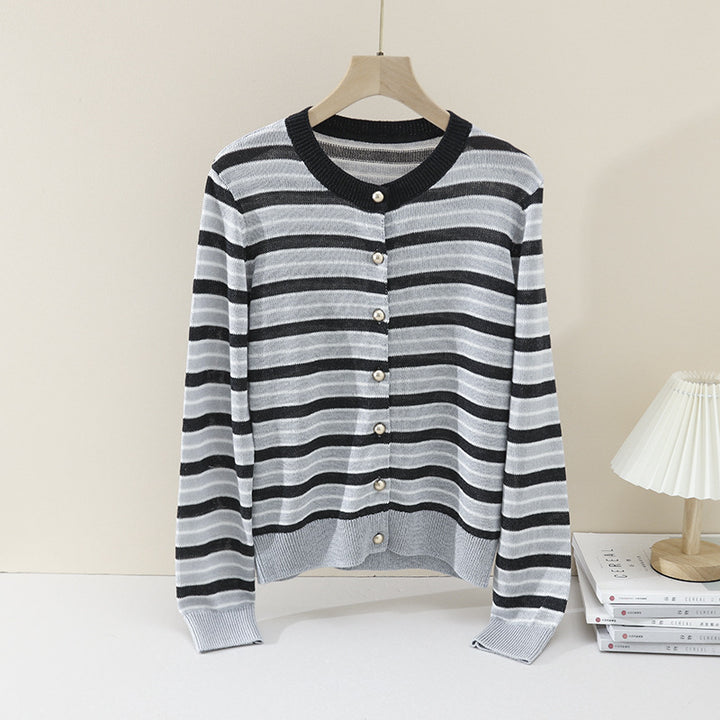 Women Lightweight Striped Cardigan made of Cotton Blend with Pearl Snap Buttons and Ribbed Cuffs Mune Fashion