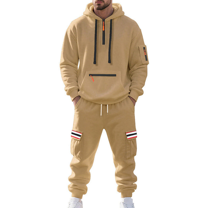 Men's Cargo Hoodie and Jogging Pants Set with Half Zip, Zipper Kangaroo Pocket and Elastic Drawstring Waist Mune Fashion