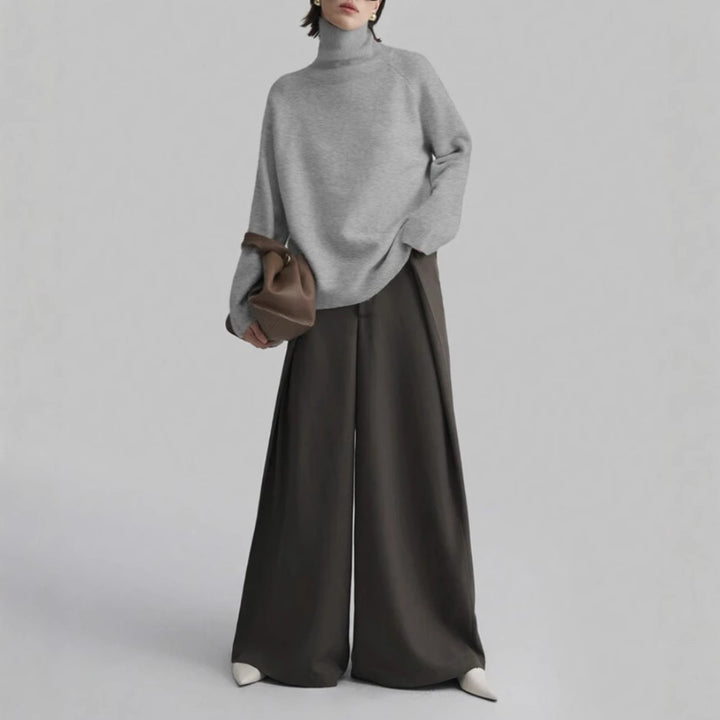 Women's Oversize Turtleneck Fine Knit Sweater with Raglan Sleeves and Side Slits Mune Fashion