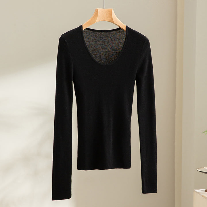 Women's fine knit long sleeve shirt with deep boat neckline and fine rib structure Mune Fashion