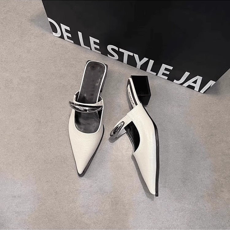 Women Pointed Toe Mule Pumps with Sculpted Block Heel and Decorative Chain Mune Fashion