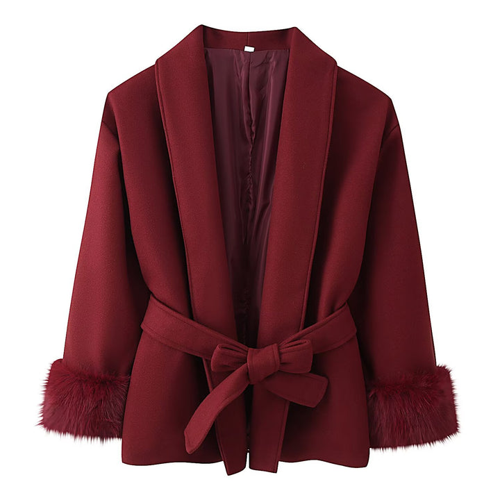 Women's wrap belt coat with shawl collar and faux fur cuffs Mune Fashion