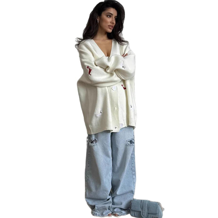 Women Oversized Knit Cardigan with Embroidered Dachshund Motifs Mune Fashion